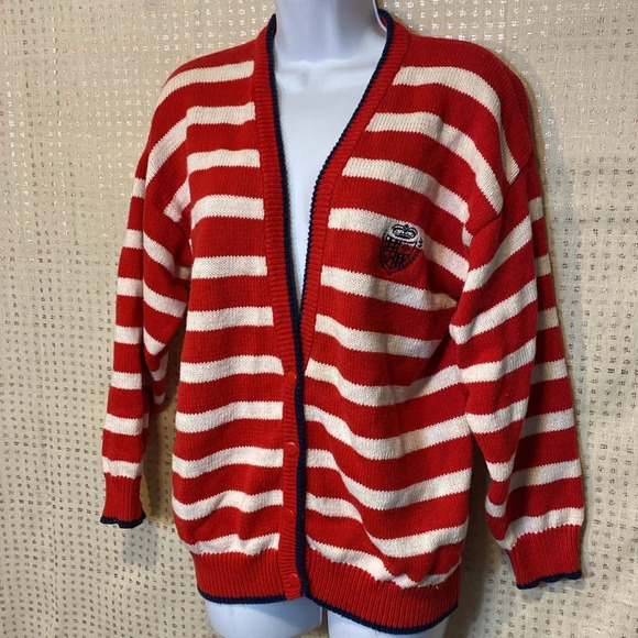 Vintage Studio HQ knit Cardigan with Red & White Stripes Navy Blue Trim - Picture 1 of 10